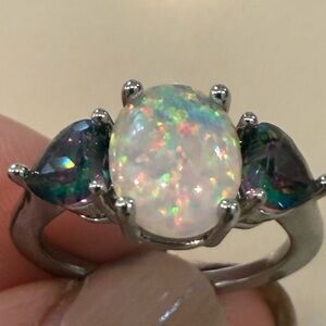Women’s Oval Mystic White Fire and 2 Zircon Heart Opal Rings 5 or 6